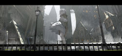 Rule 34 | 1girl, absurdres, alcxome, bob cut, book, breasts, brown cloak, building, city, cloak, closed mouth, commentary, dress, fence, fog, grey eyes, hand up, highres, holding, holding book, lamppost, letterboxed, looking afar, looking away, medium breasts, original, outdoors, scenery, short hair, solo, standing, white dress, white hair, wide shot, window