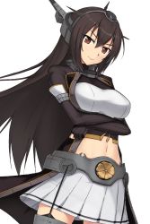 Rule 34 | 10s, 1girl, bad id, bad pixiv id, black hair, black jacket, breasts, brown eyes, closed mouth, collar, cowboy shot, crossed arms, garter straps, ghound, hair between eyes, headgear, highres, jacket, kantai collection, large breasts, long hair, looking at viewer, metal belt, midriff, miniskirt, nagato (kancolle), nagato kai ni (kancolle), pleated skirt, simple background, skirt, smile, solo, thighhighs, upper body, white background, white skirt
