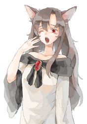 Rule 34 | 1girl, animal ears, bare shoulders, blush, brooch, brown hair, fang, imaizumi kagerou, itak69, jewelry, long hair, long sleeves, off shoulder, one eye closed, open mouth, red eyes, simple background, solo, tears, touhou, upper body, white background, wide sleeves, wolf ears, yawning