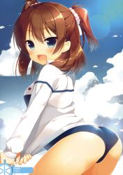 Rule 34 | 10s, 1girl, absurdres, ass, blue eyes, brown hair, cloud, cloudy sky, competition swimsuit, day, eyebrows, hair ornament, hair scrunchie, high school fleet, highres, jacket, leaning forward, looking at viewer, ogasawara hikari, one-piece swimsuit, open clothes, open jacket, open mouth, sazaki ichiri, scan, scrunchie, short hair, sky, solo, swimsuit, two side up, wet, wet clothes, white jacket