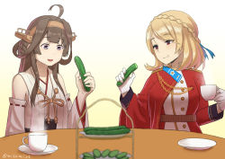 Rule 34 | 2girls, ahoge, aiguillette, azur lane, black eyes, blonde hair, braid, brown hair, crossover, crown braid, cucumber, cup, detached sleeves, eating, food, french braid, gloves, hairband, headgear, japanese clothes, kantai collection, kongou (kancolle), long hair, misumi (niku-kyu), multiple girls, nontraditional miko, prince of wales (azur lane), red eyes, remodel (kantai collection), ribbon-trimmed sleeves, ribbon trim, saucer, short hair, teacup, tiered tray, vegetable, white gloves