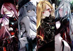 Rule 34 | 4girls, armor, bare hips, blonde hair, blood, blue hair, breastplate, breasts, closed eyes, detached sleeves, dragon horns, fate/grand order, fate (series), heterochromia, highres, horns, huge claws, kino kokko, large breasts, long hair, medium breasts, melusine (third ascension) (fate), multiple girls, queen draco (third ascension) (fate), red eyes, red hair, small breasts, smirk, symbol-shaped pupils, tiamat (fate), typhon ephemeros (fate), very long hair, wings, yellow eyes