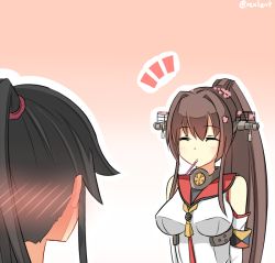 Rule 34 | 10s, 2girls, blush, breasts, brown hair, food, gradient background, hair ornament, kantai collection, long hair, mouth hold, multiple girls, pocky, pocky day, pocky kiss, rexlent, shared food, simple background, twitter username, yahagi (kancolle), yamato (kancolle), yuri
