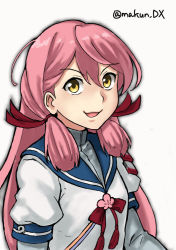 Rule 34 | 1girl, akashi (kancolle), blue sailor collar, blunt tresses, commentary request, hair ribbon, kantai collection, long hair, long sleeves, looking at viewer, maakun (makun dx), one-hour drawing challenge, pink hair, ribbon, sailor collar, school uniform, serafuku, simple background, solo, tress ribbon, twitter username, upper body, white background, yellow eyes