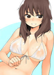 Rule 34 | 1girl, bikini, blush, breasts, brown eyes, brown hair, covered erect nipples, front-tie top, grin, highres, large breasts, long hair, moru (monaka), navel, nipples, original, see-through, see-through silhouette, simple background, smile, solo, swimsuit, wet, wet clothes, wet swimsuit, white bikini