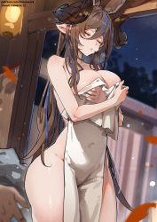Rule 34 | 1girl, animal ears, breast hold, breasts, brown hair, cleavage, closed eyes, collarbone, covering privates, extra ears, galleon (granblue fantasy), granblue fantasy, highres, horns, lantern, large breasts, long hair, multicolored hair, naked towel, nude cover, onsen, paper lantern, parted lips, pointy ears, simao (x x36131422), solo focus, streaked hair, swept bangs, thighs, towel