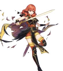 Rule 34 | 1girl, black footwear, boots, breasts, cape, celica (fire emblem), celica (warrior princess) (fire emblem), celica (warrior princess) (resplendent) (fire emblem), clenched teeth, damaged, feathers, fire emblem, fire emblem echoes: shadows of valentia, fire emblem heroes, highres, medium breasts, medium hair, nintendo, non-web source, official alternate costume, official art, red eyes, red hair, shoulder pads, solo, sword, teeth, thigh boots, torn cape, torn clothes, wavy hair, weapon, yellow cape