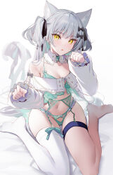 Rule 34 | 1girl, animal ears, armpit crease, bare shoulders, bow, bra, breasts, cat ears, cat tail, cleavage, crotch cutout, detached collar, extra ears, frilled panties, frilled sleeves, frills, garter belt, green bra, green panties, grey hair, hair bow, hair ribbon, hand up, highres, kawachi rin, lingerie, long hair, long sleeves, looking at viewer, medium breasts, navel, no shoes, off shoulder, original, panties, parted lips, paw pose, puffy sleeves, ribbon, shrug (clothing), simple background, single thighhigh, sitting, solo, stomach, string bra, string panties, tail, tail ornament, tail ribbon, thigh strap, thighhighs, thighs, two side up, underwear, very long hair, wariza, white background, white thighhighs, yellow eyes