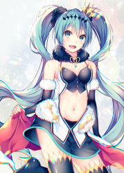 Rule 34 | 1girl, bad id, bad pixiv id, boots, chromatic aberration, cowboy shot, hatsune miku, high heel boots, high heels, long hair, looking at viewer, navel, open mouth, racing miku, shiomizu (swat), skirt, solo, standing, thigh boots, thighhighs, twintails, very long hair, vocaloid