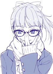 Rule 34 | 1girl, \||/, adjusting eyewear, blue theme, blush, closed mouth, coat, commentary request, copyright request, hi iro, long sleeves, looking at viewer, monochrome, ponytail, scarf, semi-rimless eyewear, simple background, sleeves past wrists, smile, solo, under-rim eyewear, upper body, white background