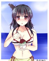 Rule 34 | 10s, 1girl, :d, adapted costume, alternate costume, bare arms, bare shoulders, bikini, bikini skirt, black hair, blush, breasts, cleavage, commentary request, food, frilled bikini, frills, hair ornament, kantai collection, large breasts, looking at viewer, navel, one-hour drawing challenge, one-piece swimsuit, open mouth, red eyes, sakura umi, shaved ice, short hair, side-tie bikini bottom, smile, swimsuit, twitter username, white bikini, yamashiro (kancolle)