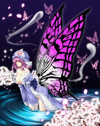 Rule 34 | 1girl, bad id, bad pixiv id, breasts, bug, butterfly, butterfly wings, cleavage, female focus, ghost, hat, insect, insect wings, kosuke (bb), large breasts, pink hair, red eyes, saigyouji yuyuko, short hair, solo, touhou, wings