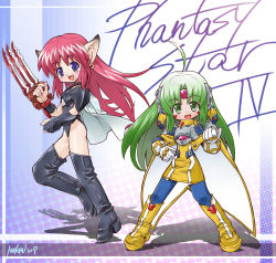 Rule 34 | 2girls, :d, absurdres, ahoge, android, armor, black footwear, black leotard, blue eyes, blue pantyhose, boots, cape, claws, copyright name, dress, fal (phantasy star), full body, furena, gloves, green eyes, green hair, highres, isedaichi ken, knee boots, leotard, long hair, looking at viewer, multiple girls, open mouth, pantyhose, phantasy star, phantasy star iv, pink hair, pointy ears, sega, shoulder pads, signature, smile, standing, thigh boots, thighhighs, white gloves, yellow dress, yellow footwear