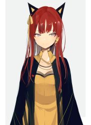 Rule 34 | 1girl, animal ears, black jacket, blue eyes, blush, cat ears, closed mouth, commentary, dress, grey background, hair ribbon, heart, jacket, looking at viewer, lpip, open clothes, open jacket, original, red hair, ribbon, simple background, smile, solo, symbol-only commentary, upper body, yellow dress, yellow ribbon