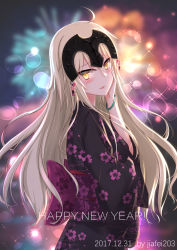 Rule 34 | 1girl, 2017, absurdres, ahoge, alternate costume, artist name, back bow, black kimono, blonde hair, blurry, blurry background, blush, bow, bracelet, dated, earrings, fate/grand order, fate (series), fireworks, floating hair, floral print, from side, hand on own cheek, hand on own face, headpiece, highres, japanese clothes, jeanne d&#039;arc (fate), jeanne d&#039;arc alter (avenger) (fate), jeanne d&#039;arc alter (fate), jewelry, jiafei2o3, kimono, lens flare, long hair, long sleeves, looking at viewer, night, obi, outdoors, print kimono, sash, solo, sparkle, standing, very long hair, yellow eyes