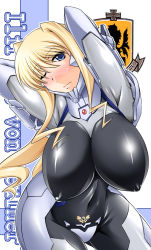 Rule 34 | 1girl, arms behind head, blonde hair, blush, bodysuit, covered erect nipples, fortified suit, ilfriede von feulner, impossible clothes, kanten, leaning forward, muv-luv, muv-luv alternative, one eye closed, solo, tagme, the euro front