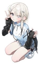 Rule 34 | 1girl, :3, absurdres, arm up, black bag, black shorts, black sleeves, blue eyes, blue shirt, breasts, check copyright, commentary, copyright request, crocs, detached sleeves, english commentary, eyes visible through hair, grey hair, hair ornament, hair over one eye, hairclip, hand up, highres, kneehighs, long sleeves, looking at viewer, orange pupils, original, shirt, short hair with long locks, short sleeves, shorts, simple background, smile, socks, solo, squatting, syhan, teeth print, v, white background, white footwear, white socks, x hair ornament