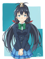 Rule 34 | 1girl, 2014, :&gt;, :3, :d, alternate hairstyle, animal, animal on head, antenna hair, black eyes, black hair, blazer, blue background, blue eyes, blue skirt, bow, bowtie, breasts, closed mouth, collared shirt, cosplay, earrings, fang, fang out, ganaha hibiki, green bow, green bowtie, hair ribbon, hamster, hamuzou, highres, hoop earrings, idolmaster, idolmaster (classic), jacket, jewelry, long hair, long sleeves, looking at viewer, love live!, love live! school idol project, low twintails, medium breasts, naginoya, on head, open mouth, outstretched arms, own hands together, pleated skirt, red ribbon, ribbon, school uniform, shirt, skirt, smile, standing, striped bow, striped bowtie, striped clothes, striped neckwear, tears, tojo nozomi (cosplay), tojo nozomi, twintails, v arms, very long hair, wavy mouth, white shirt, wing collar