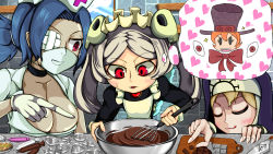 Rule 34 | 3girls, 4girls, absurdres, apron, baking, batabatacz, blonde hair, bloody marie (skullgirls), blue hair, blush, bow, breasts, brick wall, brooch, chocolate, choker, cleavage, collarbone, cookie cutter, cooking, cutting board, double (skullgirls), closed eyes, gloves, grey hair, hair ornament, hat, heart, highres, jewelry, knife, licking lips, maid headdress, mask, mixing bowl, multiple girls, nun, nurse cap, open mouth, orange hair, parted lips, peacock (skullgirls), ponytail, red eyes, skull hair ornament, skullgirls, smile, sparkle, thought bubble, tongue, tongue out, top hat, twintails, valentine (skullgirls), whisk