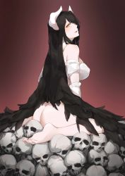 Rule 34 | 1girl, albedo (overlord), ass, bare shoulders, black hair, black wings, breasts, butt crack, demon girl, demon horns, demon wings, dress, feet, gloves, hair between eyes, highres, horns, large breasts, large wings, long hair, looking at viewer, open mouth, oshin0 (zheng), overlord (maruyama), short sleeves, simple background, skull, solo, thighhighs, white dress, white gloves, wings, yellow eyes