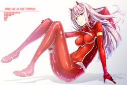 Rule 34 | 10s, 1girl, blue eyes, bodysuit, breasts, breasts apart, copyright name, covered navel, dabadhi, darling in the franxx, fake horns, floating hair, full body, grey background, hand on own knee, highres, horns, long hair, looking at viewer, medium breasts, pilot suit, pink hair, red bodysuit, shiny clothes, sitting, skin tight, solo, very long hair, zero two (darling in the franxx)