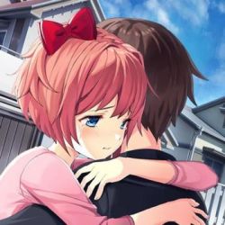 Rule 34 | 1boy, 1girl, arm behind back, artist name, blue eyes, blurry, blurry background, blush, bow, brown hair, commentary, crying, doki doki literature club, embarrassed, english commentary, hair between eyes, hair bow, looking away, lowres, pink hair, profile, protagonist (doki doki literature club), red bow, satchely, sayori (doki doki literature club), short hair