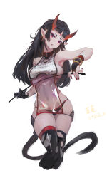 1girl absurdres asymmetrical_gloves black_hair black_panties black_thighhighs bracelet breasts bridal_gauntlets cropped_legs earrings gloves highres hoop_earrings horns iridescent-usee jewelry large_breasts long_hair looking_at_viewer mismatched_gloves original panties pointy_ears purple_eyes revealing_clothes sideboob solo tail thighhighs underwear