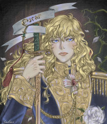 Rule 34 | 1970s (style), 1girl, absurdres, androgynous, banner, blonde hair, blue eyes, blush, closed eyes, closed mouth, commentary, epaulettes, flower, highres, holding, holding sword, holding weapon, huge filesize, long hair, looking at viewer, military, military uniform, oldschool, oscar francois de jarjayes, petals, plant, portrait, rapier, retro artstyle, rose, solo, sword, thorns, tiffany20101300, uniform, upper body, versailles no bara, vines, wavy hair, weapon, white flower, white rose