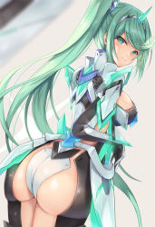 Rule 34 | 1girl, armor, ass, ass focus, back, blush, breasts, earrings, gem, green eyes, green hair, hair ornament, headpiece, inoue takuya (tactactak), jewelry, large breasts, looking back, nintendo, pneuma (xenoblade), ponytail, shy, skin tight, smile, solo, spoilers, standing, swept bangs, thighhighs, thighs, tiara, xenoblade chronicles (series), xenoblade chronicles 2