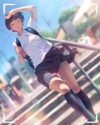 Rule 34 | 1girl, a.x., backpack, bag, black footwear, black skirt, blouse, blurry, blurry background, breasts, brown footwear, brown hair, city, closed eyes, collared shirt, dated, feet out of frame, highres, holding, jewelry, kneehighs, lens flare, lips, loafers, necklace, on stairs, original, outdoors, parted lips, polo shirt, school uniform, shirt, shoes, short hair, short sleeves, skirt, small breasts, socks, solo, thighs, very short hair, viewfinder, walking, white shirt, wind