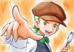 Rule 34 | 1boy, :d, black vest, bow, bowtie, brown hat, cilan (pokemon), commentary request, creatures (company), game freak, green bow, green bowtie, green eyes, green hair, hands up, hat, highres, holding, holding magnifying glass, long sleeves, magnifying glass, male focus, nintendo, no sclera, oka mochi, open mouth, orange background, pokemon, pokemon (anime), pokemon bw (anime), shirt, short hair, smile, solo, teeth, tongue, traditional bowtie, traditional media, upper teeth only, vest, white shirt