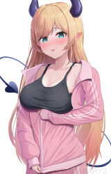 Rule 34 | 1girl, black camisole, blonde hair, blush, camisole, cowboy shot, demon horns, demon tail, gradient hair, green eyes, highres, hololive, horns, jacket, long hair, looking at viewer, multicolored hair, nose blush, pink jacket, pointy ears, simple background, solo, suicabar72, tail, tongue, tongue out, track jacket, twitter username, virtual youtuber, watermark, white background, yuzuki choco, zipping