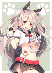 Rule 34 | 1girl, :d, animal ears, azur lane, belt, belt buckle, black skirt, braid, breasts, buckle, cowboy shot, crop top, fake animal ears, fangs, fingerless gloves, fingernails, gloves, green background, hair ornament, highres, long fingernails, long hair, looking at viewer, mechanical ears, medium breasts, miniskirt, multicolored nails, nail polish, navel, no bra, olive (laai), open mouth, outside border, paw print, paw print background, pleated skirt, puffy short sleeves, puffy sleeves, red eyes, red ribbon, ribbon, shirt, short sleeves, side braid, silver hair, skirt, slit pupils, smile, solo, standing, standing on one leg, stomach, tattoo, thick eyebrows, two side up, underboob, very long hair, white gloves, white shirt, yuudachi (azur lane)