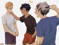 Rule 34 | !, !!, 3boys, adam&#039;s apple, artist name, bare arms, black eyes, black hair, black shorts, blonde hair, blue shirt, bokuto koutarou, brown eyes, fingernails, forehead, glasses, grin, haikyuu!!, hair between eyes, hand in pocket, hand on another&#039;s shoulder, highres, kuroo tetsurou, looking at another, male focus, multicolored hair, multiple boys, open mouth, pale skin, pocket, red shorts, shirt, short hair, short sleeves, shorts, shouting, sideburns, silver hair, smile, spiked hair, standing, t-shirt, tan, teeth, tsukishima kei, twitter username, two-tone hair, viria13, watermark, white background, white shirt