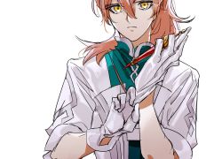 Rule 34 | 1boy, adjusting clothes, adjusting gloves, alternate eye color, chaldea uniform, expressionless, fate/grand order, fate (series), glove pull, gloves, hair between eyes, han12sara, highres, lab coat, looking at viewer, male focus, orange hair, romani archaman, simple background, solo, spoilers, white background, white gloves, yellow eyes