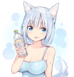 Rule 34 | 1girl, :p, animal ears, bare arms, bare shoulders, blue camisole, blue eyes, blue hair, blush, bottle, breasts, camisole, cleavage, fox ears, fox tail, highres, holding, holding bottle, large breasts, looking at viewer, original, short hair, smile, solo, sparkle, sukemyon, sweat, tail, tongue, tongue out, upper body, water bottle