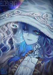 Rule 34 | 1girl, absurdres, artist logo, blue dress, blue hair, blue skin, cloak, closed mouth, colored skin, copyright name, cracked skin, dress, elden ring, extra faces, flat chest, fur cloak, green eyes, hat, highres, looking at viewer, one eye closed, portrait, ranni the witch, smile, witch hat, yokaze (xxxdisxxx)