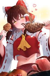 Rule 34 | 1girl, ascot, bare shoulders, blush, bow, brown hair, closed mouth, detached sleeves, eating, food, hair between eyes, hair bow, hair tubes, hakurei reimu, heart, highres, holding, holding food, japanese clothes, long hair, meat, navel, nontraditional miko, red bow, red skirt, ribbon-trimmed sleeves, ribbon trim, sidelocks, skirt, smile, solo, touhou, usushio, white sleeves, wide sleeves, yellow ascot, yellow eyes