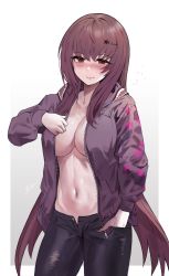 Rule 34 | 1girl, alternate costume, bad id, bad twitter id, blush, breasts, denim, fate/grand order, fate (series), hair intakes, hair ornament, hairclip, highres, jacket, jeans, large breasts, long hair, navel, no bra, open fly, pants, purple hair, red eyes, scathach (fate), smile, solo, suou-sensei