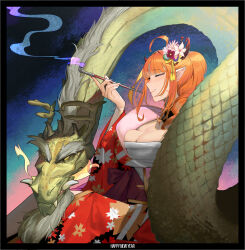 Rule 34 | 1girl, ahoge, black border, blonde hair, blunt bangs, blush, border, breasts, breath weapon, breathing fire, chest sarashi, cleavage, closed eyes, closed mouth, commentary, dragon, dragon girl, dragon horns, eastern dragon, english commentary, fang, fingernails, fire, floral print, flower, hair flower, hair ornament, hair over shoulder, happy new year, highres, holding, holding smoking pipe, hololive, horns, japanese clothes, kimono, kiryu coco, kiseru, large breasts, long fingernails, long hair, long sleeves, multicolored hair, new year, obi, orange hair, pink flower, pointy ears, print kimono, profile, purple flower, purple sash, red kimono, sarashi, sash, scales, sidelocks, skin fang, smile, smoke, smoking pipe, solo, streaked hair, virtual youtuber, white flower, wide sleeves, wvs, yellow eyes