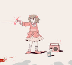 Rule 34 | 1girl, 3others, absurdres, arm up, avogado6, bear hair ornament, beige background, belt bow, beretta px4 storm, black eyes, blood, blood splatter, bow, bowtie, projectile trail, can, closed mouth, collared shirt, commentary request, dress, firing, frilled dress, frilled kneehighs, frilled shirt, frilled shirt collar, frills, full body, gun, hair bow, hair ornament, hairclip, highres, holding, holding gun, holding weapon, kneehighs, layered dress, long sleeves, microphone, multiple others, musical note, no sclera, original, pink bow, pink dress, pink footwear, pink neckwear, pleated dress, radio, shadow, shirt, simple background, socks, standing, weapon