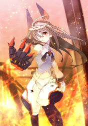 Rule 34 | 10s, 1girl, bad id, bad pixiv id, bare shoulders, boots, dissolving clothes, gauntlets, glowing, hair over one eye, highres, infinite stratos, laura bodewig, no eyepatch, red eyes, robot ears, schwarzer roegen, shingo., silver hair, solo, transformation, uniform