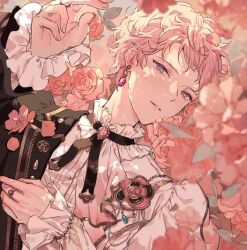 Rule 34 | 1boy, black jacket, earrings, ensemble stars!, flower, hand on own chest, highres, itsuki shu, jacket, jacket partially removed, jewelry, le temps des fleurs (ensemble stars!), long sleeves, male focus, oar, official alternate costume, oyatsu no e, parted lips, pink flower, pink hair, pink rose, rose, shirt, short bangs, short hair, solo, teeth, white shirt