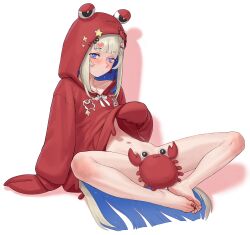 1girl agemmata amanogawa_shiina amanogawa_shiina_(2nd_costume) animal_hood barefoot blonde_hair blue_eyes blue_hair blunt_bangs blush bottomless clothes_lift collarbone colored_inner_hair commentary crab_hood english_commentary feet foot_focus highres hood hood_up hoodie hoodie_lift knees_apart_feet_together lifting_own_clothes long_hair multicolored_hair nail_polish naked_hoodie navel official_alternate_costume phase_connect red_hoodie red_nails revision self-upload soles solo starry_hair stomach stuffed_crab stuffed_toy toenail_polish toenails toes two-tone_hair very_long_hair virtual_youtuber