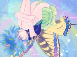 Rule 34 | 1girl, androgynous, antennae, bare arms, bare legs, barefoot, blue hair, brown eyes, butterfly wings, closed mouth, dress, eternity larva, expressionless, eyebrows hidden by hair, fairy, fairy wings, feet out of frame, floating hair, from above, fu (mushibun), green dress, green eyes, hugging own legs, insect wings, knees to chest, leaf, leaf on head, legs together, looking at viewer, looking to the side, messy hair, multicolored eyes, pointy ears, short hair, short sleeves, solo, touhou, wings, yellow eyes