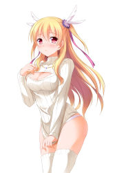 Rule 34 | 1girl, alisa reinford, blonde hair, blush, breasts, cleavage, cleavage cutout, clothes tug, clothing cutout, covering privates, covering crotch, eiyuu densetsu, female focus, hair ribbon, highres, long hair, looking at viewer, medium breasts, meme attire, no pants, open-chest sweater, panties, red eyes, ribbed sweater, ribbon, sen no kiseki, solo, sweater, sweater tug, thighhighs, turtleneck, two side up, underwear, white panties, white sweater, white thighhighs, yagami-all hail nanao