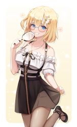 Rule 34 | :d, absurdres, bare shoulders, black-framed eyewear, black footwear, black ribbon, black skirt, blonde hair, blue eyes, blush, breasts, brown pantyhose, collarbone, flower, frilled shirt, frilled sleeves, frills, glasses, gradient background, grin, hair ornament, hairclip, high-waist skirt, highres, holding, hololive, hololive english, jewelry, key, key necklace, leg up, magnifying glass, medium breasts, nail polish, necklace, off-shoulder shirt, off shoulder, one side up, open mouth, pantyhose, ribbon, round eyewear, shirt, short hair, shuvi (shuvi1125), skirt, skirt hold, smile, solo, standing, standing on one leg, teeth, virtual youtuber, watson amelia, watson amelia (street casual), white shirt, yellow background, yellow nails, zipper, zipper pull tab