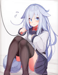 Rule 34 | 1girl, animal collar, animal ears, bdsm, black sailor collar, black skirt, black thighhighs, blue eyes, blush, closed mouth, collar, dog ears, dog tail, female focus, flying sweatdrops, hair between eyes, hibiki (kancolle), highres, kantai collection, leash, long hair, long sleeves, looking at viewer, panties, pleated skirt, red collar, reitou mikan, revision, sailor collar, sailor shirt, shirt, silver hair, simple background, skirt, slave, solo, tail, thighhighs, underwear, verniy (kancolle), white background, white panties, white shirt