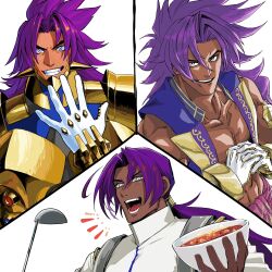 Rule 34 | 1boy, armor, bhima (fate), bhima (second ascension) (fate), bhima (third ascension) (fate), curry, dark-skinned male, dark skin, fate/grand order, fate (series), food, gloves, gold armor, grin, highres, holding, holding food, hominya510, interlocked fingers, laughing, long hair, looking at viewer, male focus, multiple views, muscular, muscular male, official alternate costume, own hands together, pectoral cleavage, pectorals, purple eyes, smile, upper body