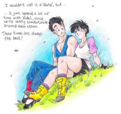 Rule 34 | 1boy, 1girl, black hair, couple, dragon ball, dragonball z, eye contact, legs, looking at another, lowres, outdoors, short hair, shorts, sitting, smile, son gohan, tagme, tomboy, videl